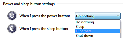 Power and Sleep Button Setting Choices